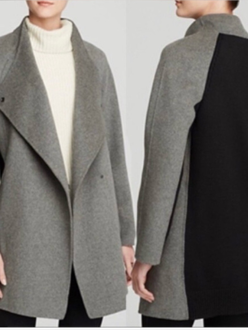 Vince black grey two tone wool blend drape neck coat